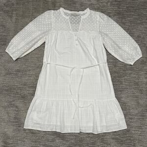 LOFT Dress Womens Small White Swiss Dot Eyelet Boho Peasant 3/4 Sleeve Tie Waist